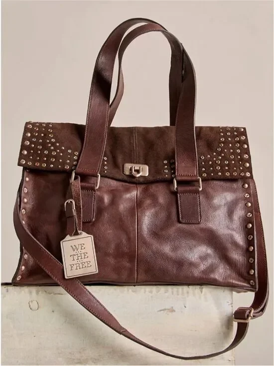 Free People Shay Tote Espresso Brown Studded Leather Satchel