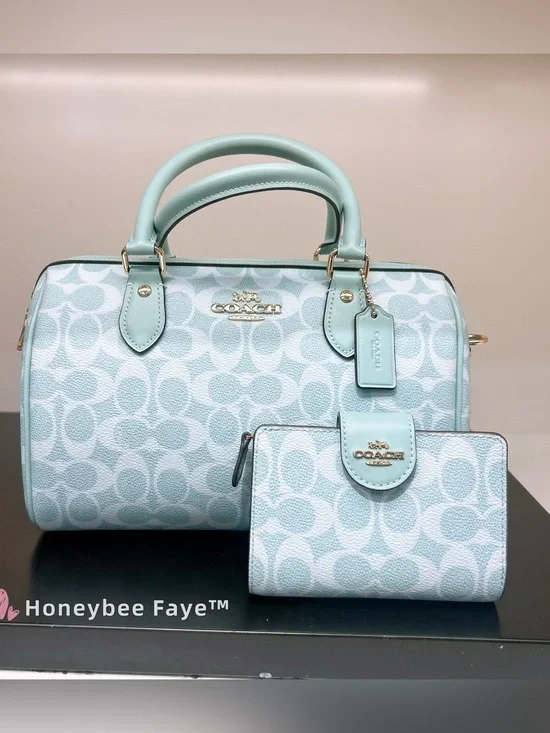 Coach rowan Signature Satchel plus Matching Wallet cey39 gold/ light blue bundle