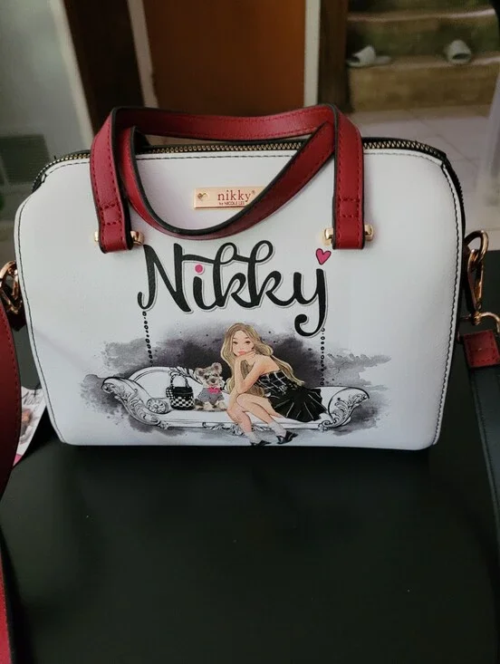 Nikky By Nicole Lee White Satchel with Red Trim - Fashion Graphic Women's Bag
