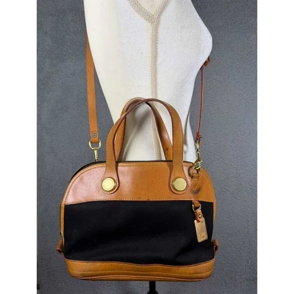 Dooney & Bourke Vintage Canvas Leather Satchel Crossbody Bag Black Tan USA‎ Made
