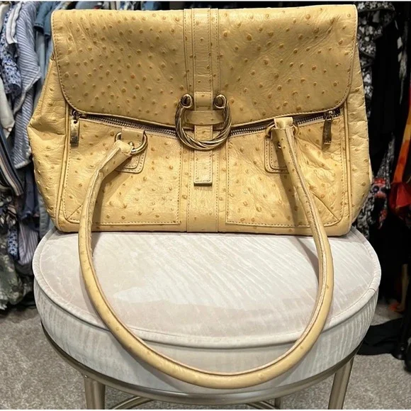 Ostrich Embossed Leather Top Handle Satchel Bag Work Travel‎ Chic