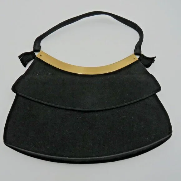 Lennox Bags Purse Black Faux Suede Gold Tone Trim Hand Strap‎ Vintage Snap Close