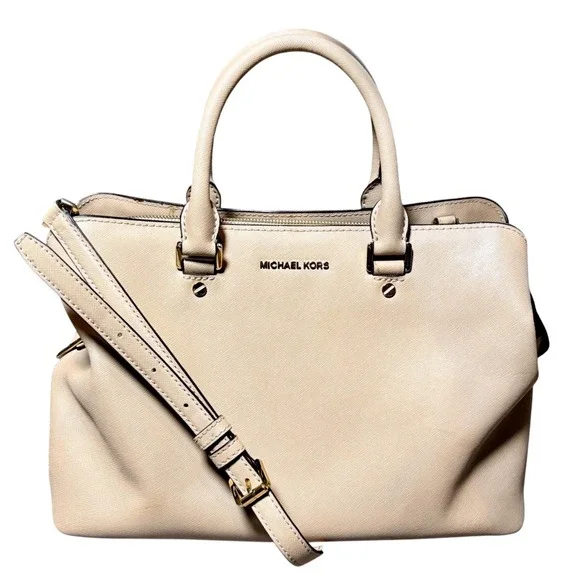 Michael Kors‎ Beige Saffiano Leather Satchel Handbag Gold Hardware Neutral Tote