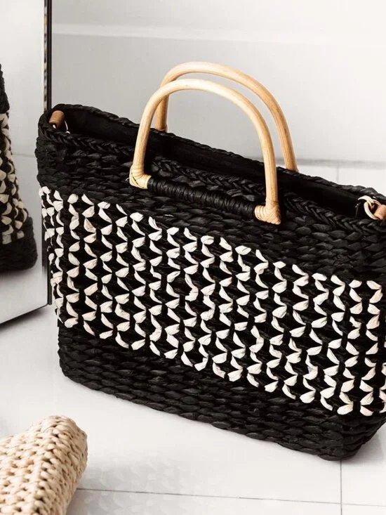 NWT- Miztique Mia Straw Satchel Black & Beige