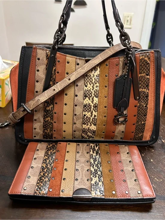 Coach Dreamer Signature Canvas Patchwork strips/Snakeskin W/Wallet
