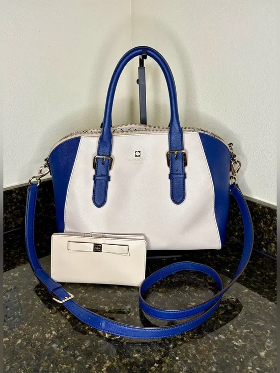 Kate Spade Cove Street Leather Colorblock Pippa Satchel White/French Navy W/Strp
