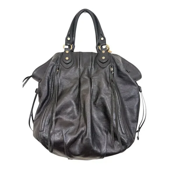 Botkier Black Leather Shoulder Satchel Bag Zip Pockets Fringe Removable Strap