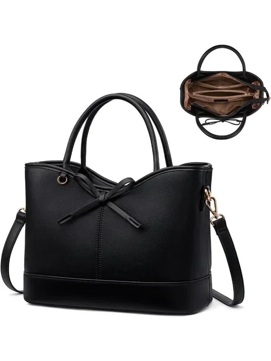 Stylish PU Leather Satchel Handbag for Women - Cute Bow Top Handle Purse