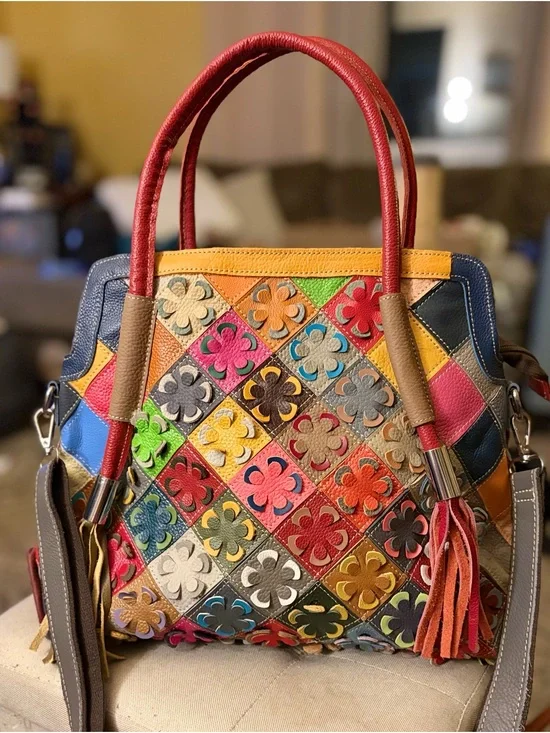 Multicolor Floral Patchwork Leather Satchel - Red & Multicolor