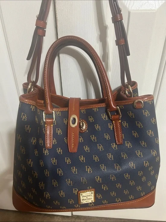 Dooney & Bourke Navy Logo Satchel with Brown Trim