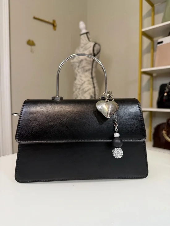 Women's Top-Handle Bag Black with Heart Scarf Accent