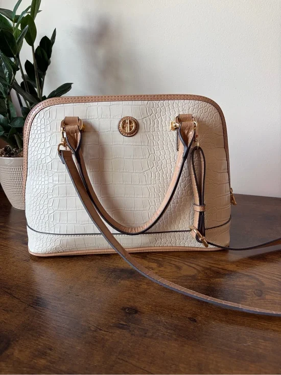 Giani Bernini Croc-Embossed Medium Dome Satchel Purse Crossbody Cream and Tan