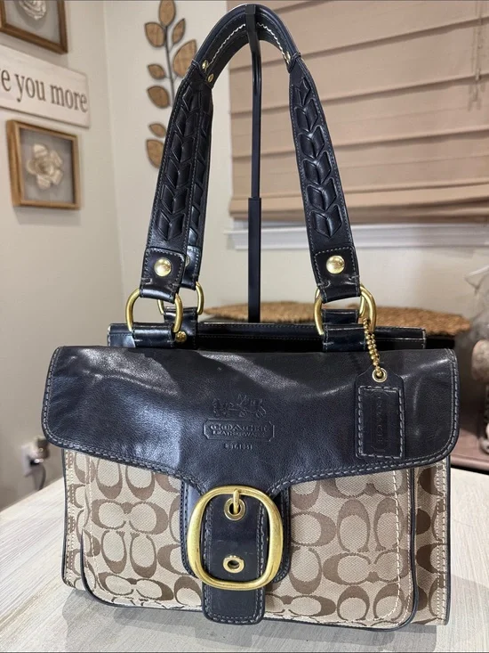 Y2K Large Coach Bleeker Buckle Flap Signature Canvas and Leather Shopper Tote