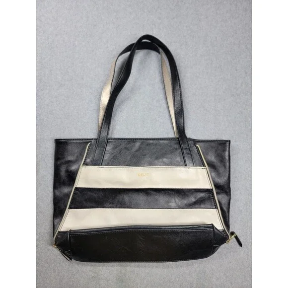 Relic Alexa Leather Black White Stripe Magnetic Double Handles Zip Inner Pockets