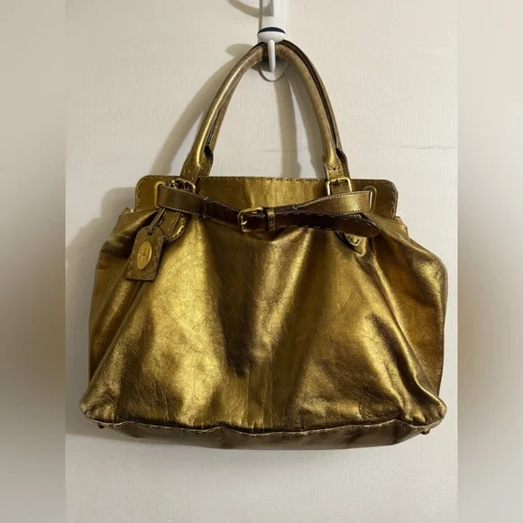 Fendi Gold Leather Selleria Villa‎ Borghese Satchel Shoulder Bag