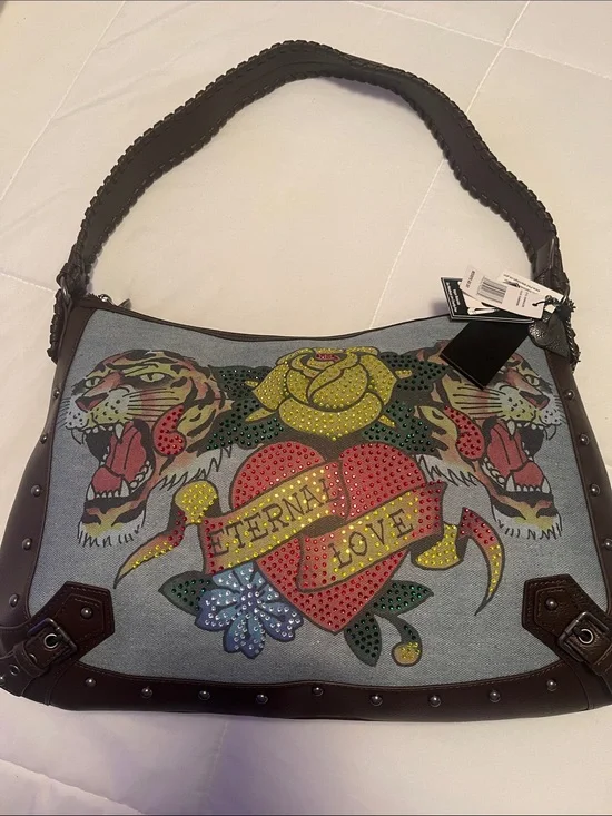 Ed Hardy Floral Heart Shoulder Bag in Blue and Brown NWT Retail 80$