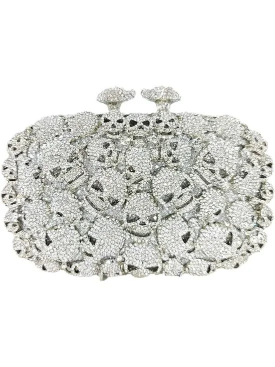 Women's Silver416 Crystal Skull Clutch Purse Rhinestone Evening Halloween Bag
