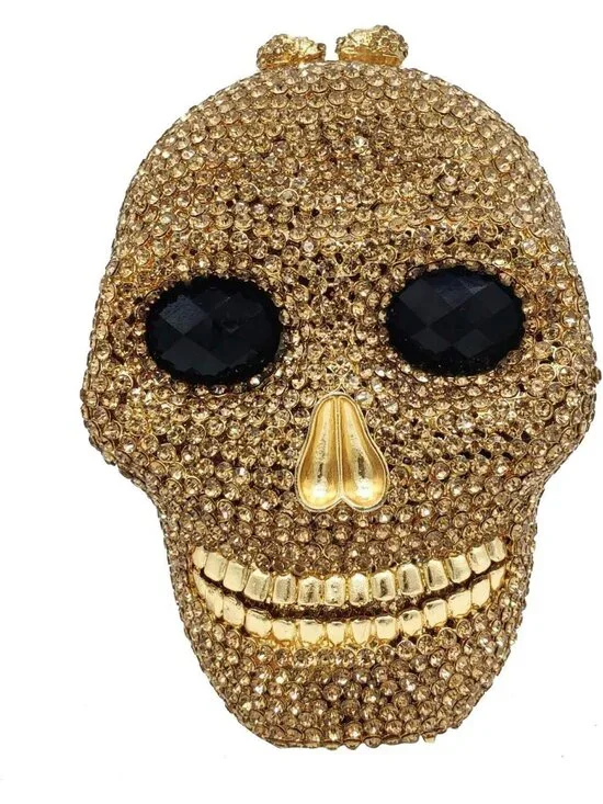 Women's Gold Crystal Skull Clutch Purse Rhinestone Evening Halloween Bag