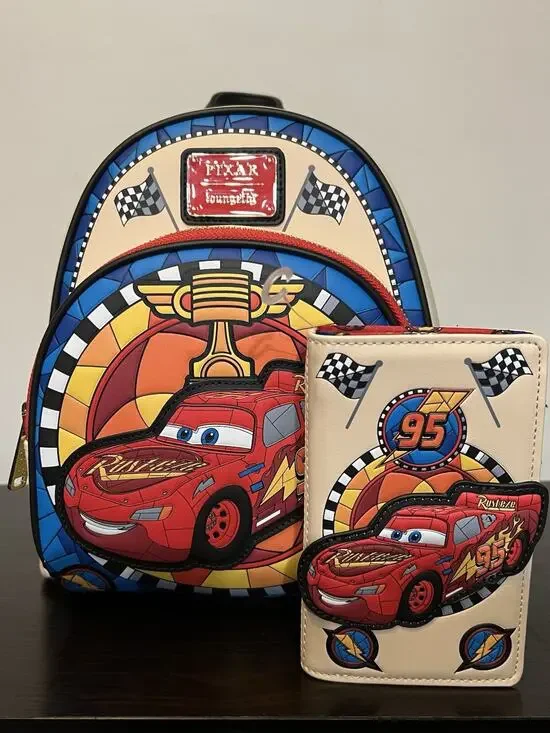 Loungefly Disney Cars Lightning McQueen Stained Glass Mini Backpack Wallet