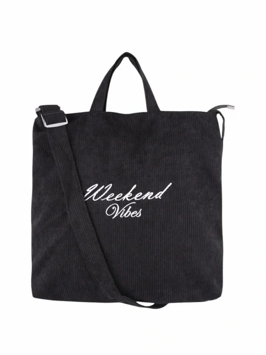 Corduroy Black Crossbody/Messenger Bag With “Weekend Vibes” Embroidered On Front