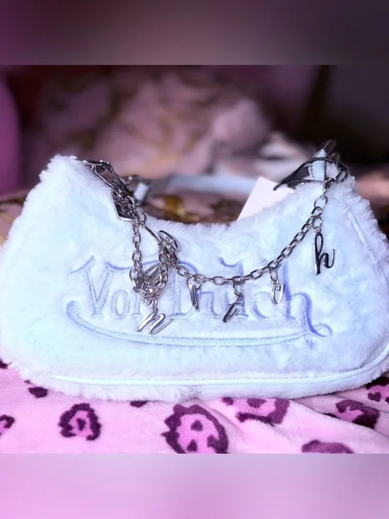 Baby Blue Faux-Fur Logo Shoulder Bag with Silver Charm Chain