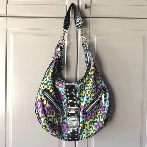 Betseyville Y2K Punk Multicolor Neon Leopard Lightning Charm Hobo Bag ,Large