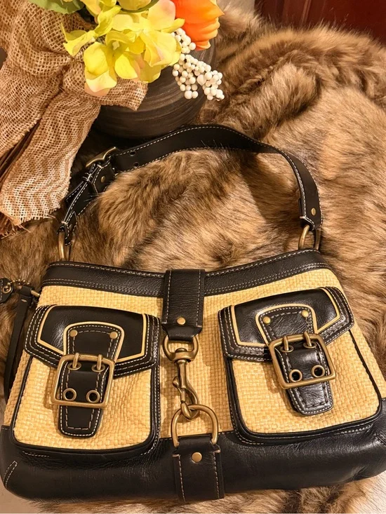 Coach Black and Natural Woven Shoulder Bag with Buckle Pockets