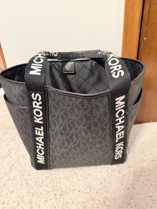 Michael Kors Black Logo Messenger Tote with Branded Straps