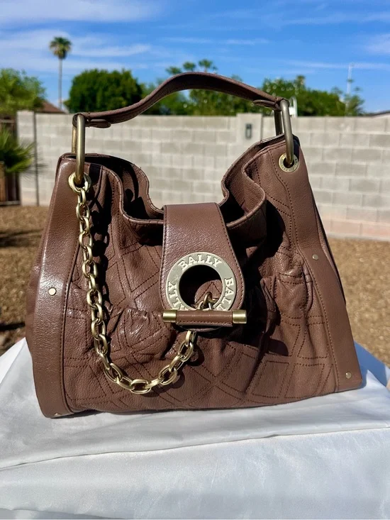 BALLY Made in Switzerland Brown Leather Top Handle Bag Gold Chain