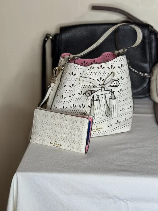 Kate Spade New York White Perforated Eyelet Bucket Bag + Matching Wallet Set