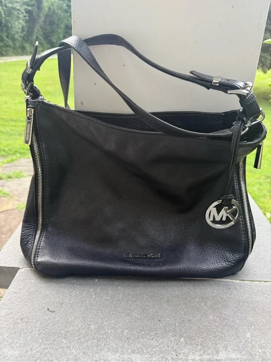 Michael Kors Black Leather Shoulder Bag with MK Charm