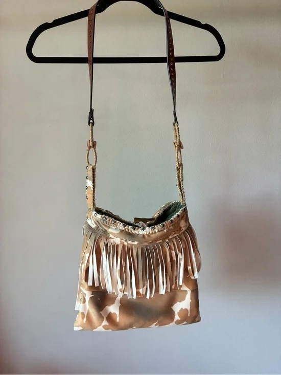 Boho Fringe Shoulder Bag – Tan, Cream & Hunter Green