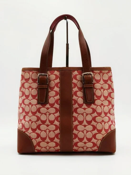 Coach Signature C Canvas Tote Bag Red Tan Brown Leather Large Shoulder Bag