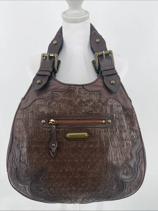 Isabella Fiore Brown Leather‎ Western Tooled Studded Hobo Shoulder Bag Boho