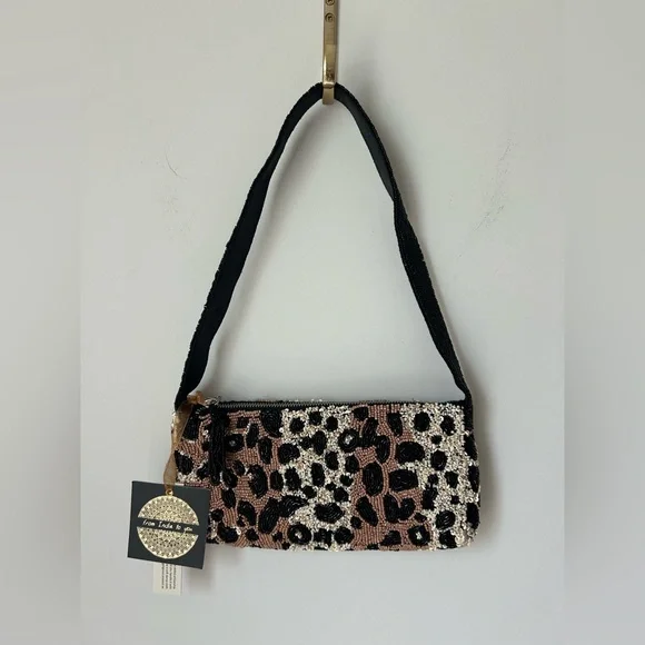 Beaded Cheetah Print Sequin Shoulder Bag