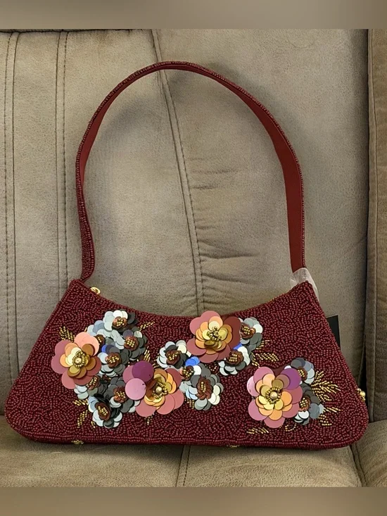 Burgundy Beaded Floral Applique Shoulder Bag