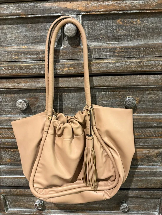 Neutral Tan Drawstring Shoulder Tote with Tassel Accent