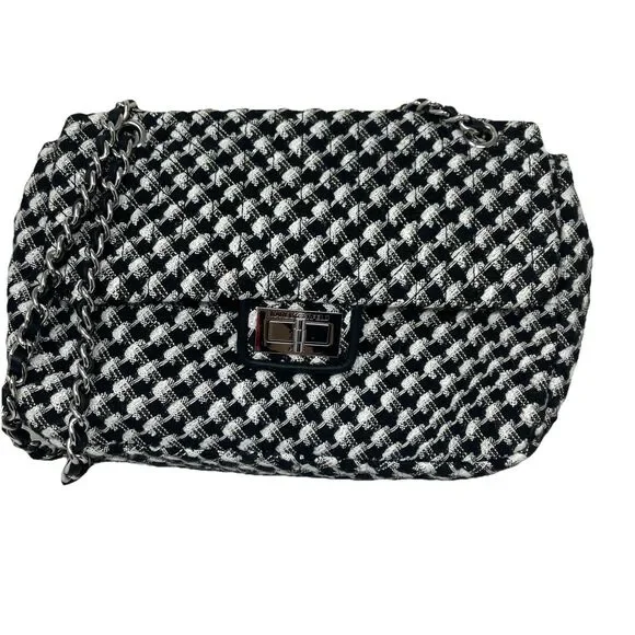 Karl Lagerfeld Paris Tweed Shoulder‎ Bag Womens Black White Chain Flap Spring
