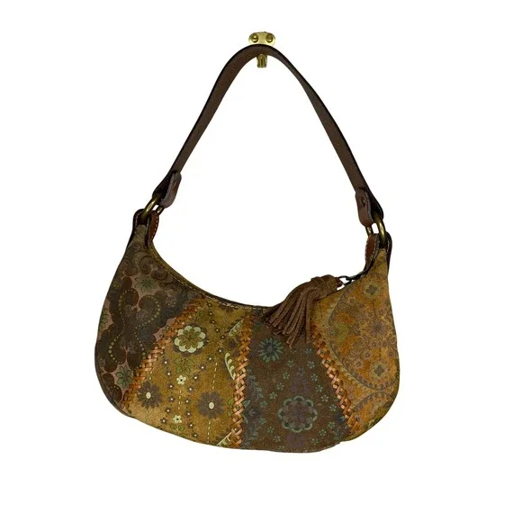 Floral Paisley Patchwork Suede Hobo Bag Tassel Whipstitch Brown Boho Bag
