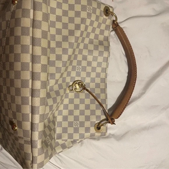 Louis Vuitton Cream Checkered Shoulder Tote with Tan Leather Handle