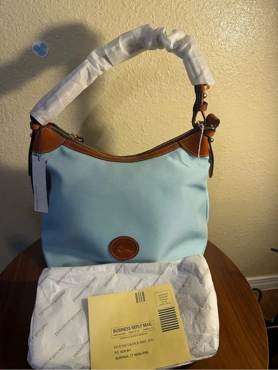 Dooney & Bourke Light Blue Shoulder Bag with Brown Leather Trim