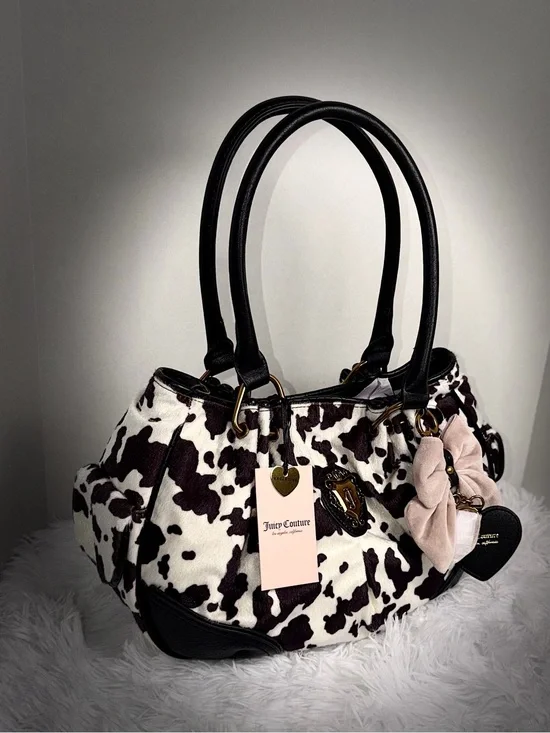 Juicy Couture Black & White Cow Print Shoulder Bag with Pink Charm