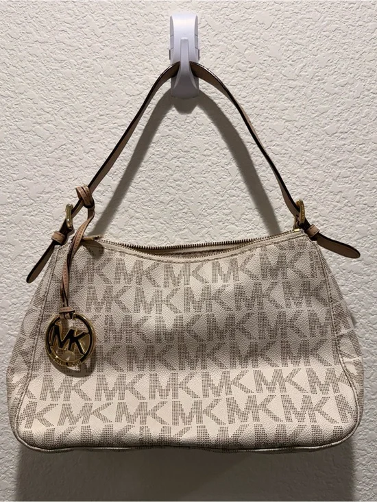 Michael Kors Cream and Brown MK Logo Shoulder Bag