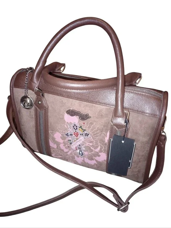 Ed Hardy Brown & Pink Floral Accent Satchel Handbag, NWT
