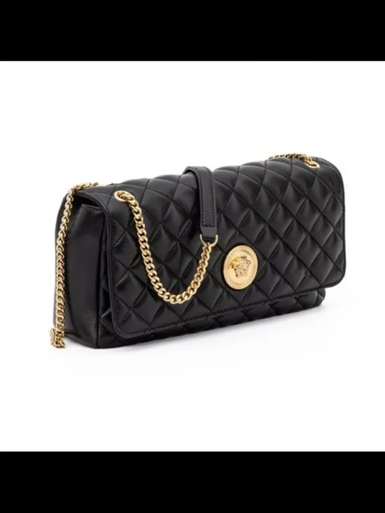 Versace Black Quilted Shoulder Bag with Gold Chain