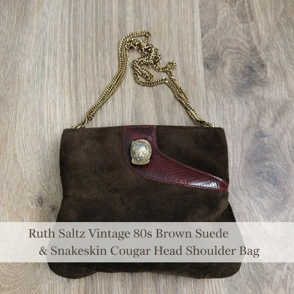 Ruth Saltz Vintage 80s Brown Suede & Snakeskin Cougar Head Shoulder Bag