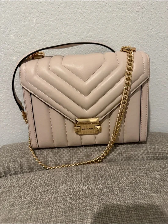 Michael Kors Chevron Quilted Shoulder Bag in Pale Pink with Gold Chain