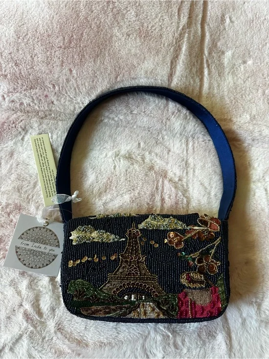 Paris Beaded Navy Shoulder Purse Bag NWT