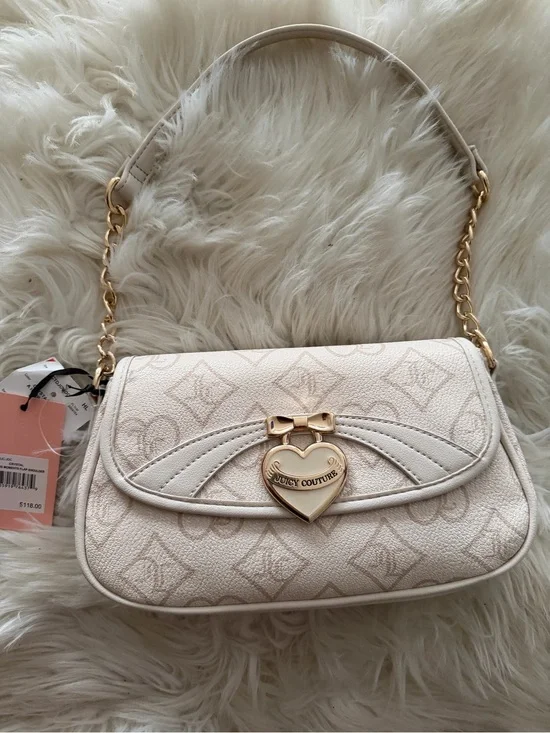 Juicy Couture Precious Moments flap Heart-Embellished Shoulder Bag. Cream. NEW