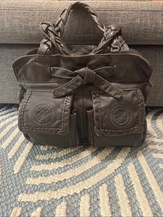 Rare Y2K Brown Leather Cargo Pocket Bow Handbag